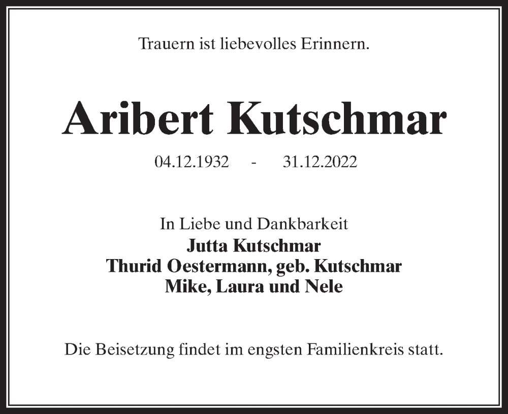  Traueranzeige für Aribert Kutschmar vom 14.01.2023 aus Märkischen Allgemeine Zeitung