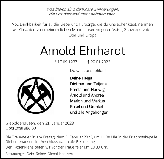 Traueranzeige von Arnold Ehrhardt von Eichsfelder Tageblatt