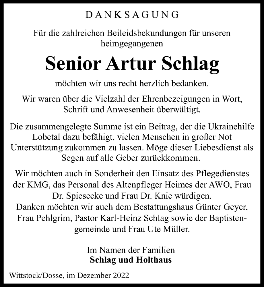  Traueranzeige für Artur Schlag vom 07.01.2023 aus Märkischen Allgemeine Zeitung