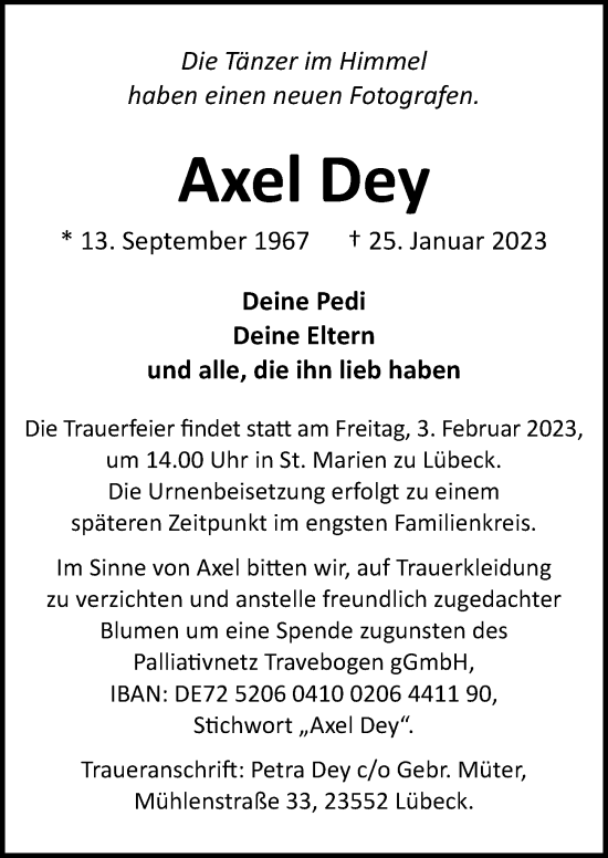 Traueranzeige von Axel Dey von Lübecker Nachrichten