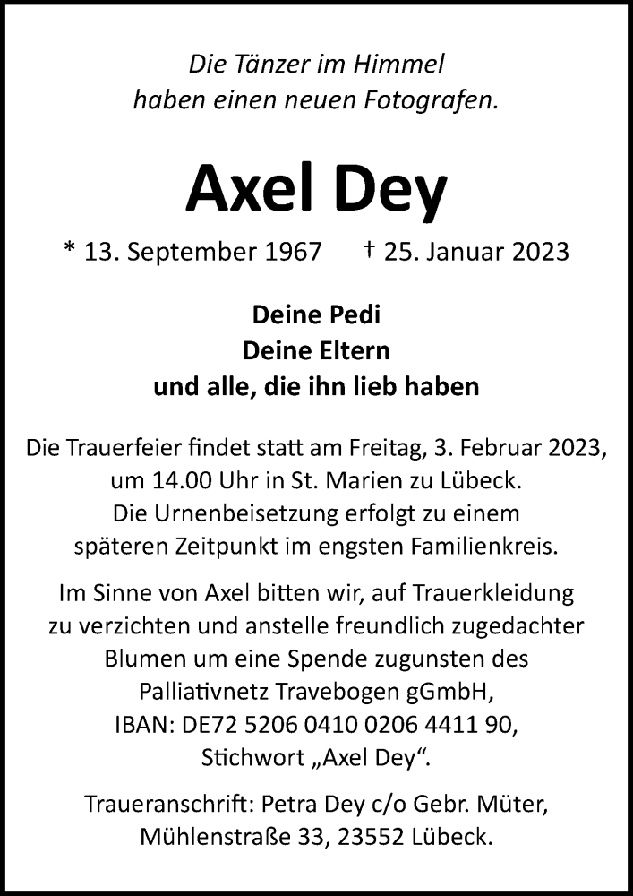  Traueranzeige für Axel Dey vom 29.01.2023 aus Lübecker Nachrichten