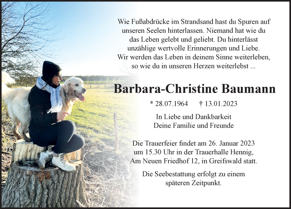  Traueranzeige für Barbara-Christine Baumann vom 21.01.2023 aus Ostsee-Zeitung GmbH
