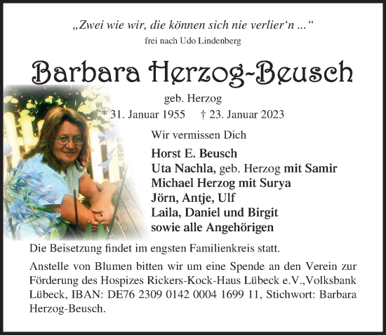 Traueranzeige von Barbara Herzog-Beusch von Lübecker Nachrichten