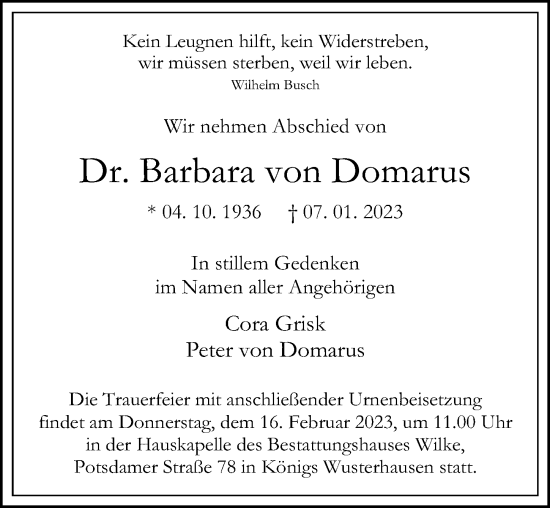 Traueranzeige von Barbara von Domarus von Märkischen Allgemeine Zeitung