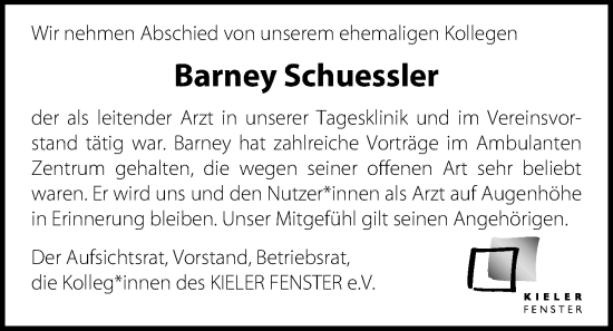 Traueranzeige von Barney Schuessler von Kieler Nachrichten