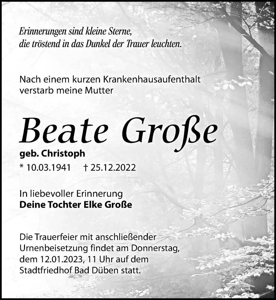  Traueranzeige für Beate Große vom 07.01.2023 aus Leipziger Volkszeitung