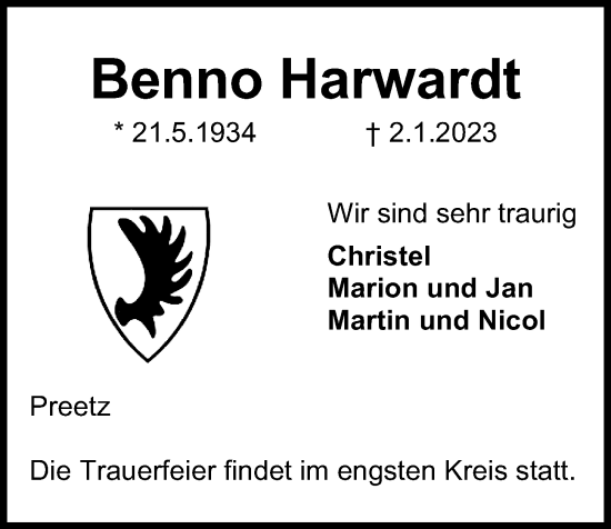 Traueranzeige von Benno Harwardt von Kieler Nachrichten