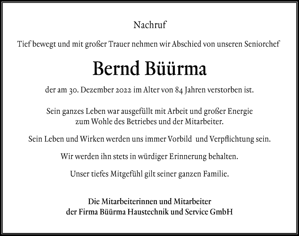  Traueranzeige für Bernd Büürma vom 21.01.2023 aus Göttinger Tageblatt