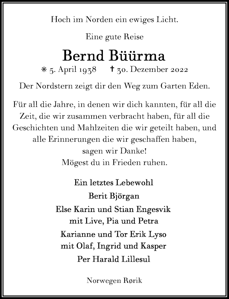  Traueranzeige für Bernd Büürma vom 21.01.2023 aus Göttinger Tageblatt