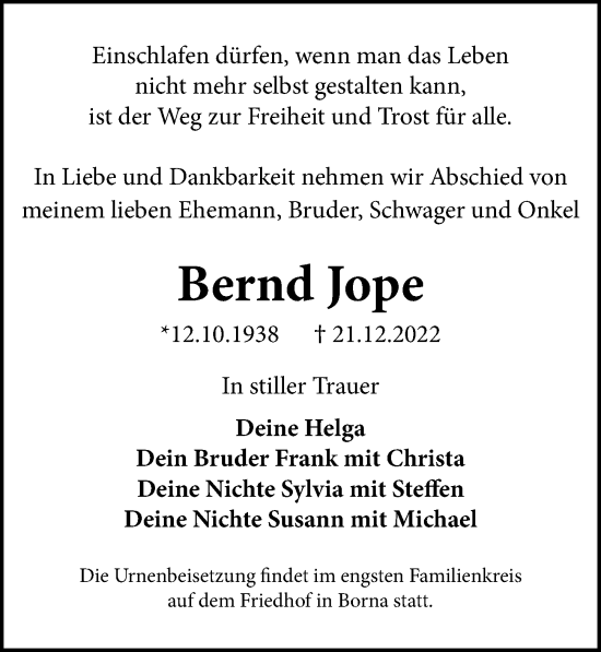 Traueranzeige von Bernd Jope von Leipziger Volkszeitung