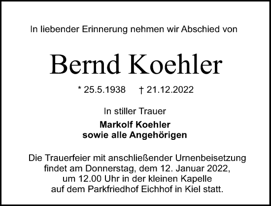 Traueranzeige von Bernd Koehler von Kieler Nachrichten