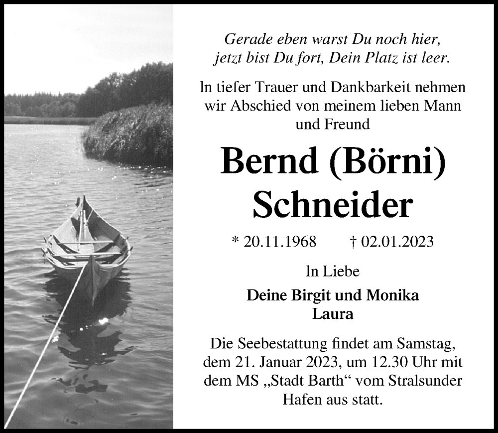  Traueranzeige für Bernd Schneider vom 07.01.2023 aus Ostsee-Zeitung GmbH