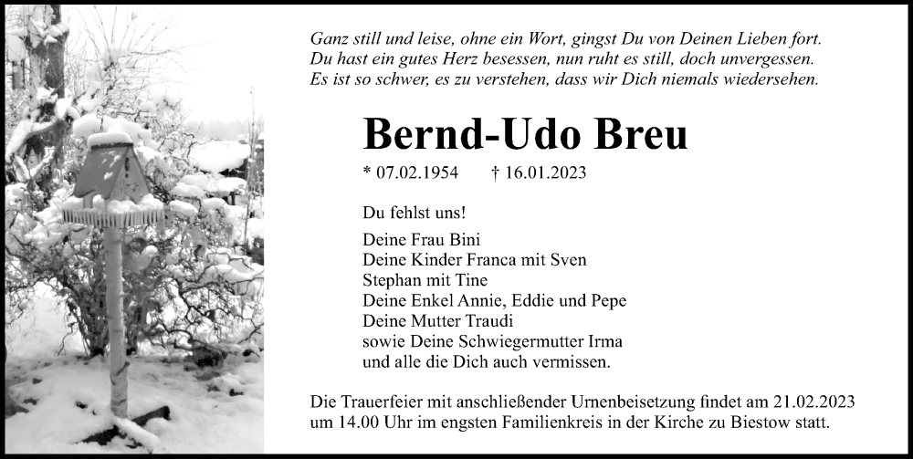  Traueranzeige für Bernd-Udo Breu vom 28.01.2023 aus Ostsee-Zeitung GmbH