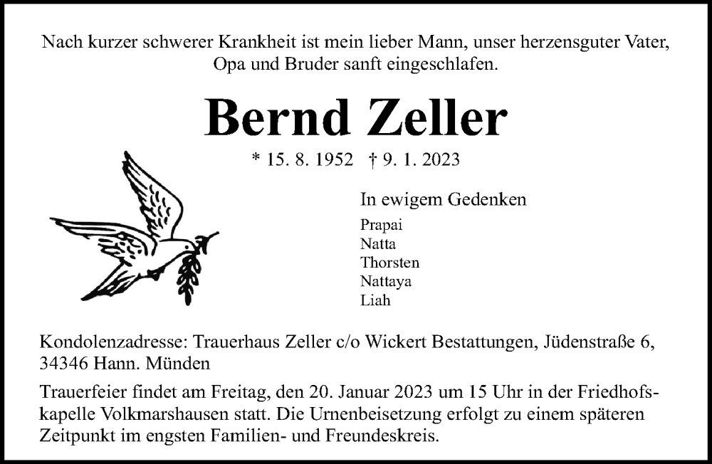  Traueranzeige für Bernd Zeller vom 18.01.2023 aus Göttinger Tageblatt
