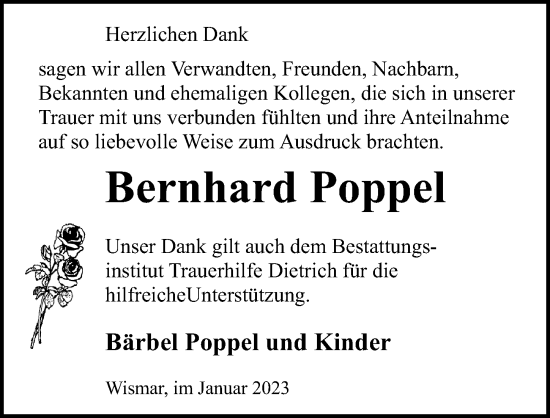 Traueranzeige von Bernhard Poppel von Ostsee-Zeitung GmbH