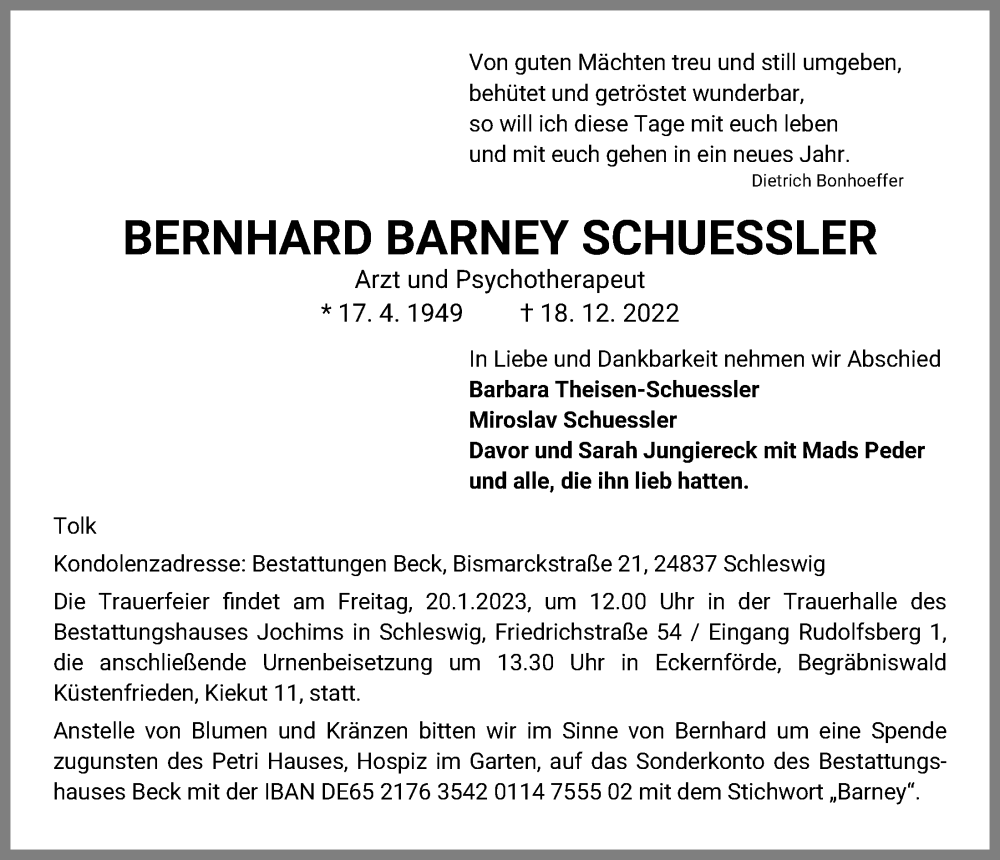  Traueranzeige für Bernhard Barney Schuessler vom 06.01.2023 aus Kieler Nachrichten