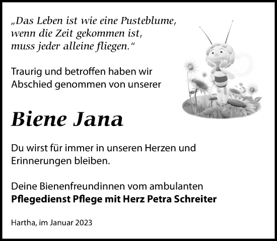 Traueranzeige von Biene Jana  von Leipziger Volkszeitung