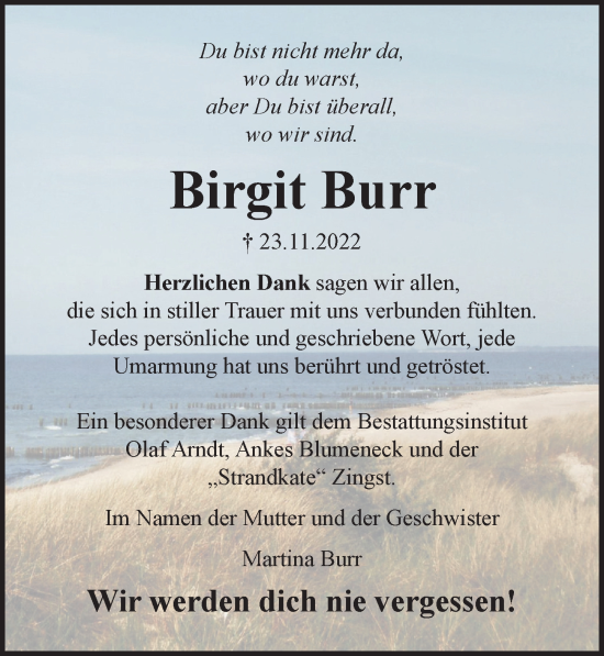 Traueranzeige von Birgit Burr von Ostsee-Zeitung GmbH