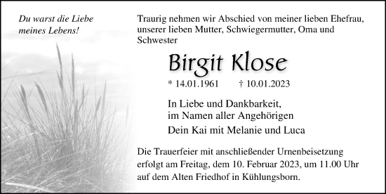 Traueranzeige von Birgit Klose von Ostsee-Zeitung GmbH