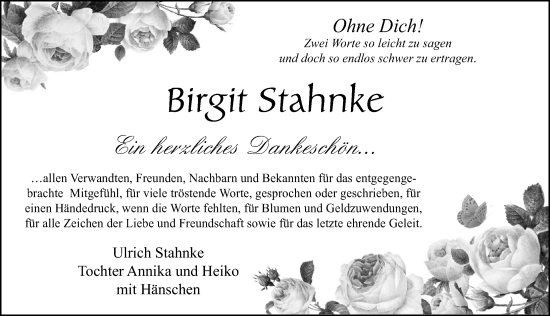 Traueranzeige von Birgit Stahnke von Ostsee-Zeitung GmbH