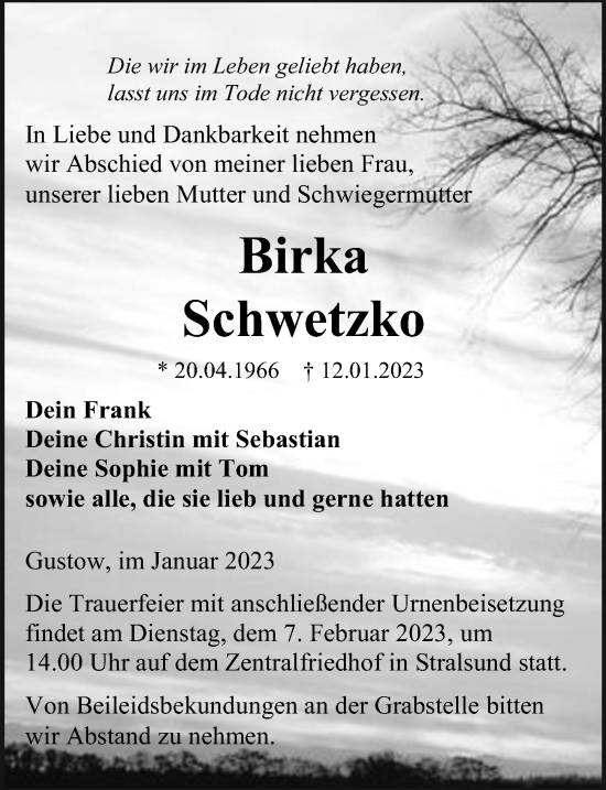 Traueranzeige von Birka Schwetzko von Ostsee-Zeitung GmbH