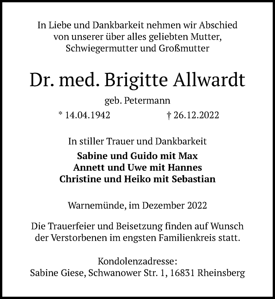  Traueranzeige für Brigitte Allwardt vom 07.01.2023 aus Ostsee-Zeitung GmbH