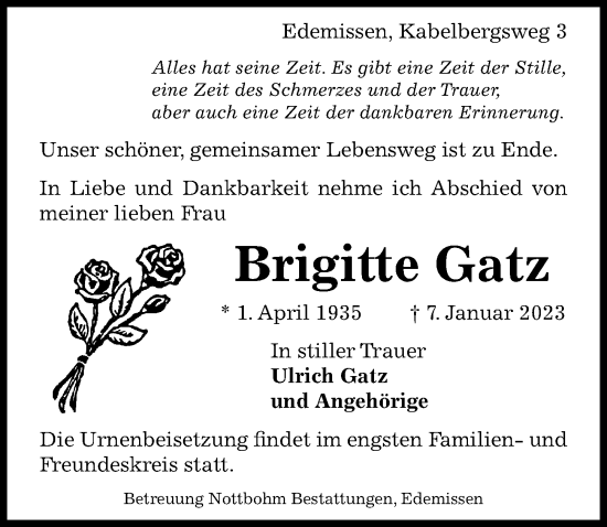 Traueranzeige von Brigitte Gatz von Peiner Allgemeine Zeitung