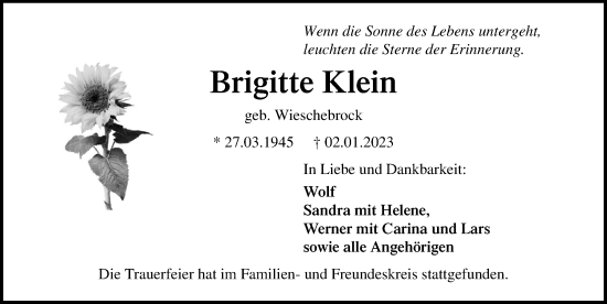 Traueranzeige von Brigitte Klein von Lübecker Nachrichten