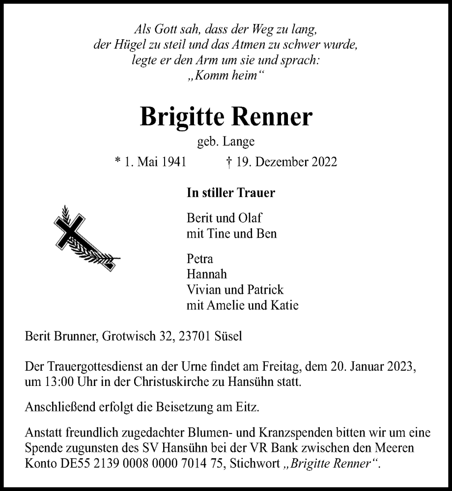 Traueranzeigen von Brigitte Renner | trauer-anzeigen.de