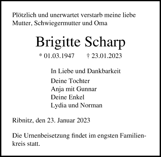 Traueranzeige von Brigitte Scharp von Ostsee-Zeitung GmbH