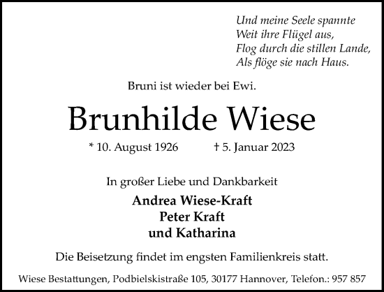 Traueranzeige von Brunhilde Wiese von Hannoversche Allgemeine Zeitung/Neue Presse