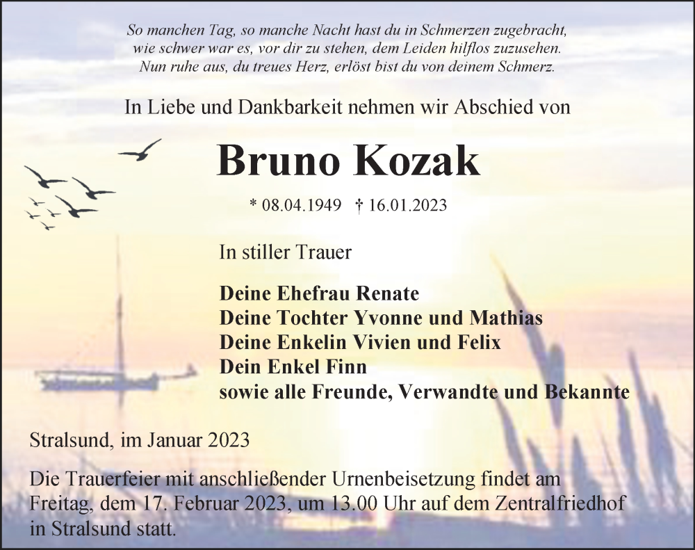  Traueranzeige für Bruno Kozak vom 21.01.2023 aus Ostsee-Zeitung GmbH