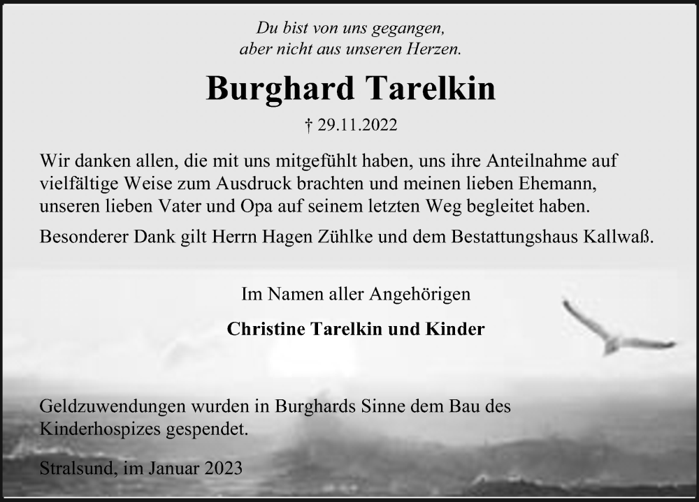  Traueranzeige für Burghard Tarelkin vom 07.01.2023 aus Ostsee-Zeitung GmbH