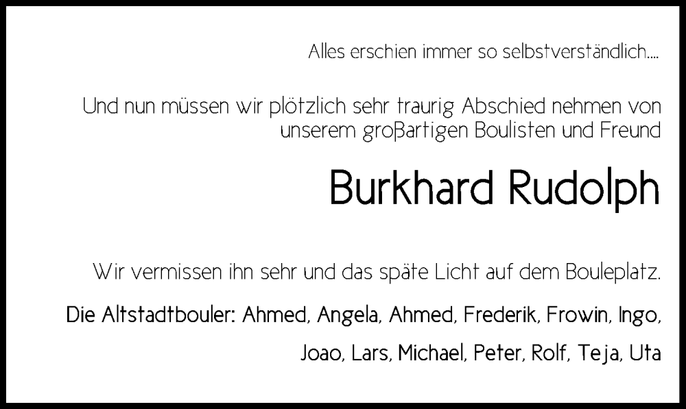  Traueranzeige für Burkhard Rudolph vom 15.01.2023 aus Lübecker Nachrichten