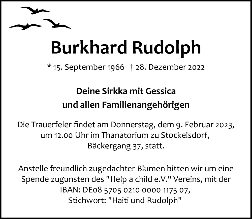  Traueranzeige für Burkhard Rudolph vom 15.01.2023 aus Lübecker Nachrichten