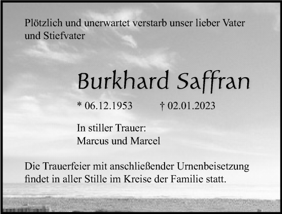 Traueranzeige von Burkhard Saffran von Ostsee-Zeitung GmbH