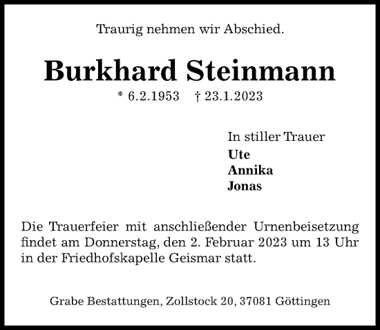 Traueranzeige von Burkhard Steinmann von Göttinger Tageblatt