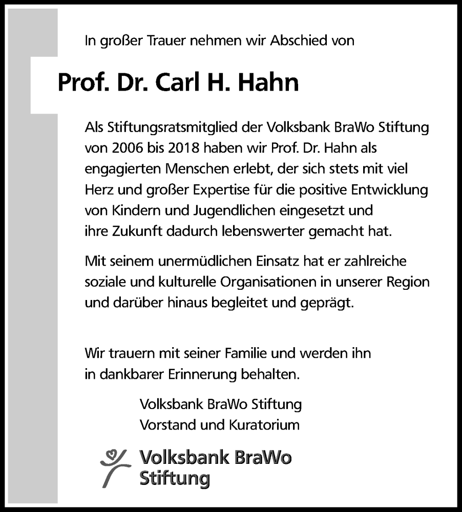  Traueranzeige für Carl H. Hahn vom 19.01.2023 aus Peiner Allgemeine Zeitung
