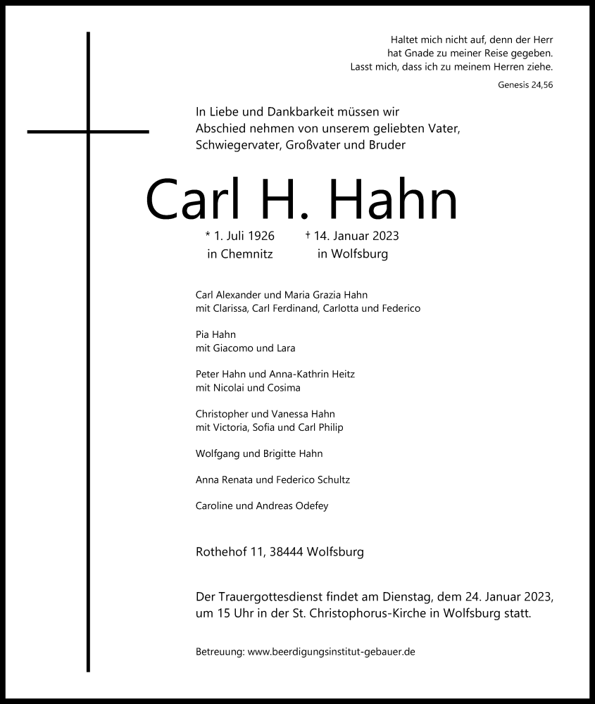 Traueranzeige für Carl H. Hahn vom 18.01.2023 aus Aller Zeitung
