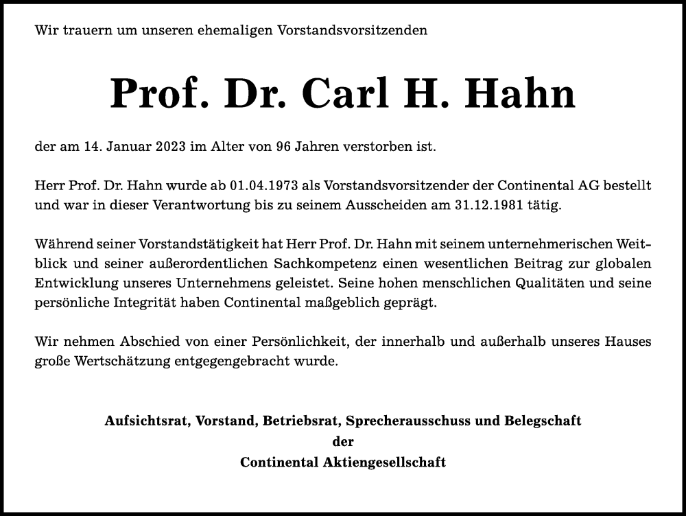  Traueranzeige für Carl H. Hahn vom 18.01.2023 aus Hannoversche Allgemeine Zeitung/Neue Presse