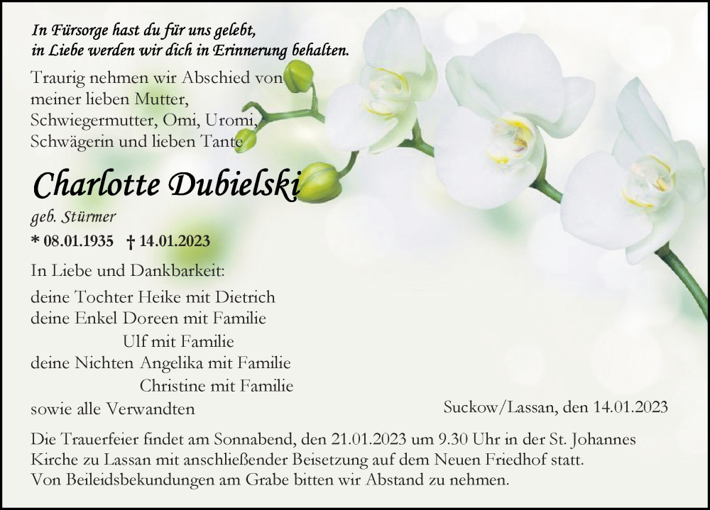  Traueranzeige für Charlotte Dubielski vom 18.01.2023 aus Ostsee-Zeitung GmbH
