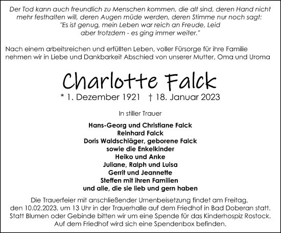 Traueranzeige von Charlotte Falck von Ostsee-Zeitung GmbH