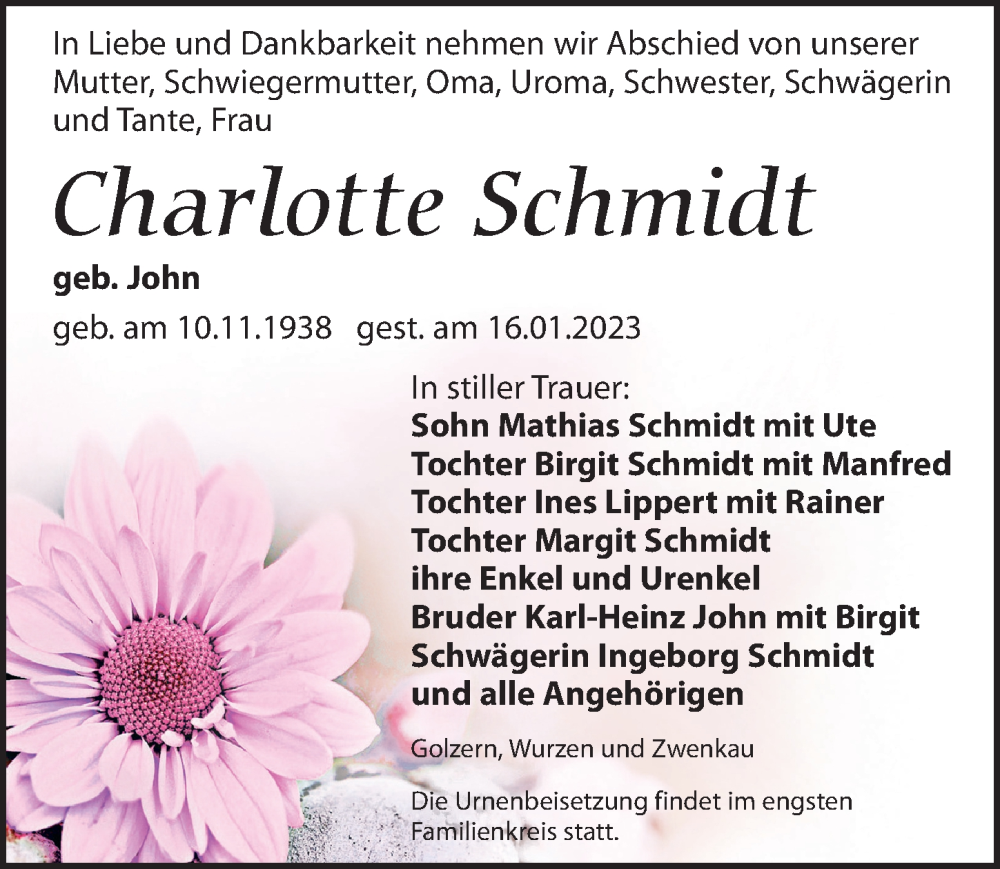  Traueranzeige für Charlotte Schmidt vom 21.01.2023 aus Leipziger Volkszeitung