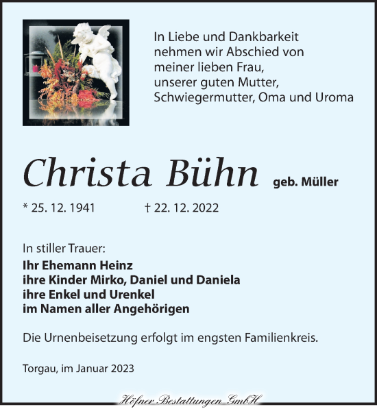 Traueranzeige von Christa Bühn von Torgauer Zeitung