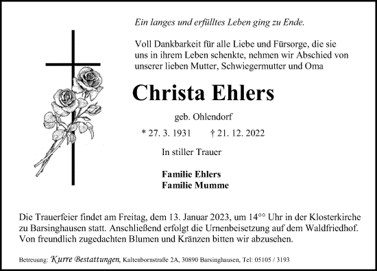 Traueranzeige von Christa Ehlers von Hannoversche Allgemeine Zeitung/Neue Presse