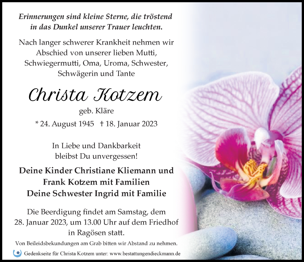  Traueranzeige für Christa Kotzem vom 21.01.2023 aus Märkischen Allgemeine Zeitung