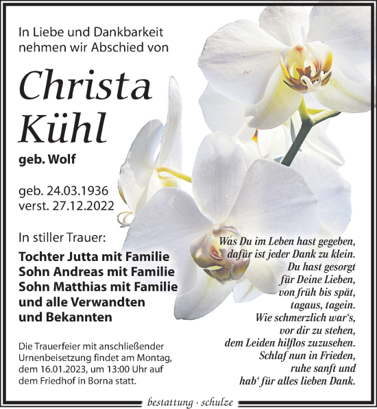 Traueranzeige von Christa Kühl von Leipziger Volkszeitung