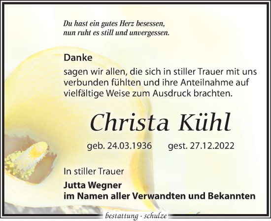 Traueranzeige von Christa Kühl von Leipziger Volkszeitung