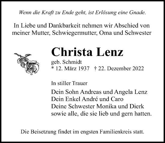 Traueranzeige von Christa Lenz von Ostsee-Zeitung GmbH