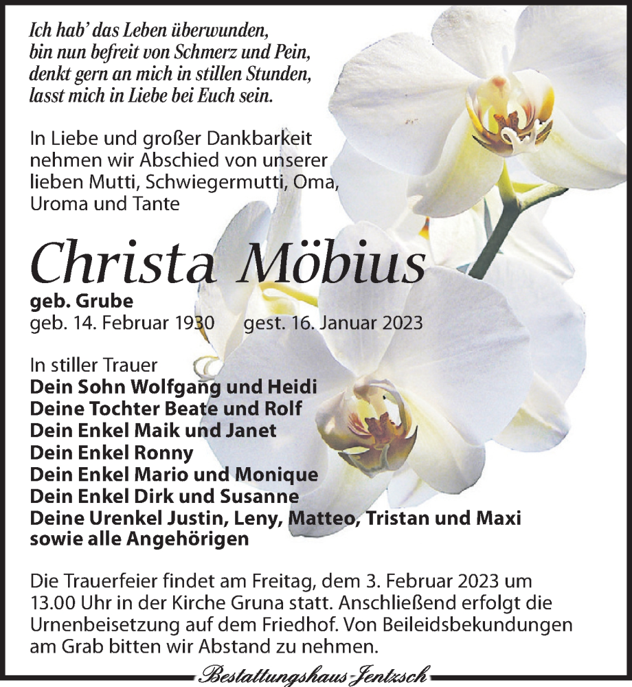  Traueranzeige für Christa Möbius vom 21.01.2023 aus Leipziger Volkszeitung